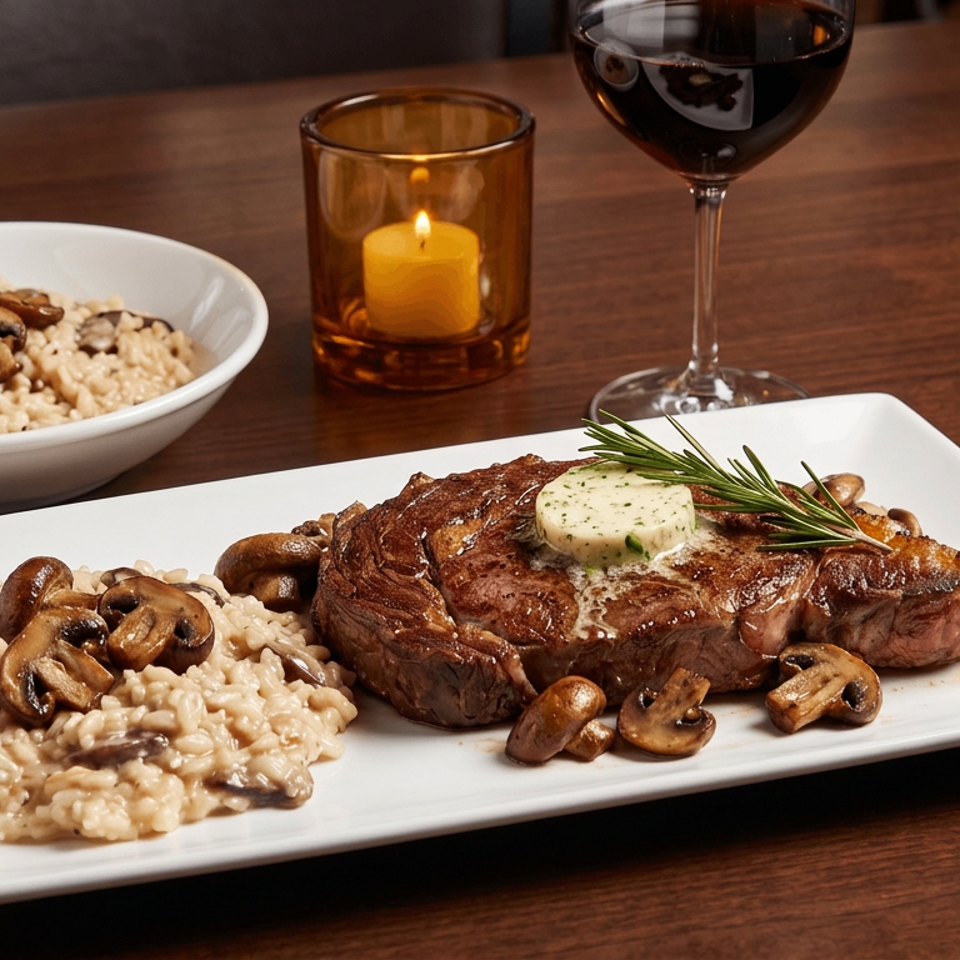 Grilled steak topped with herb butter and rosemary, served with mushroom risotto, red wine, and candlelit ambiance.