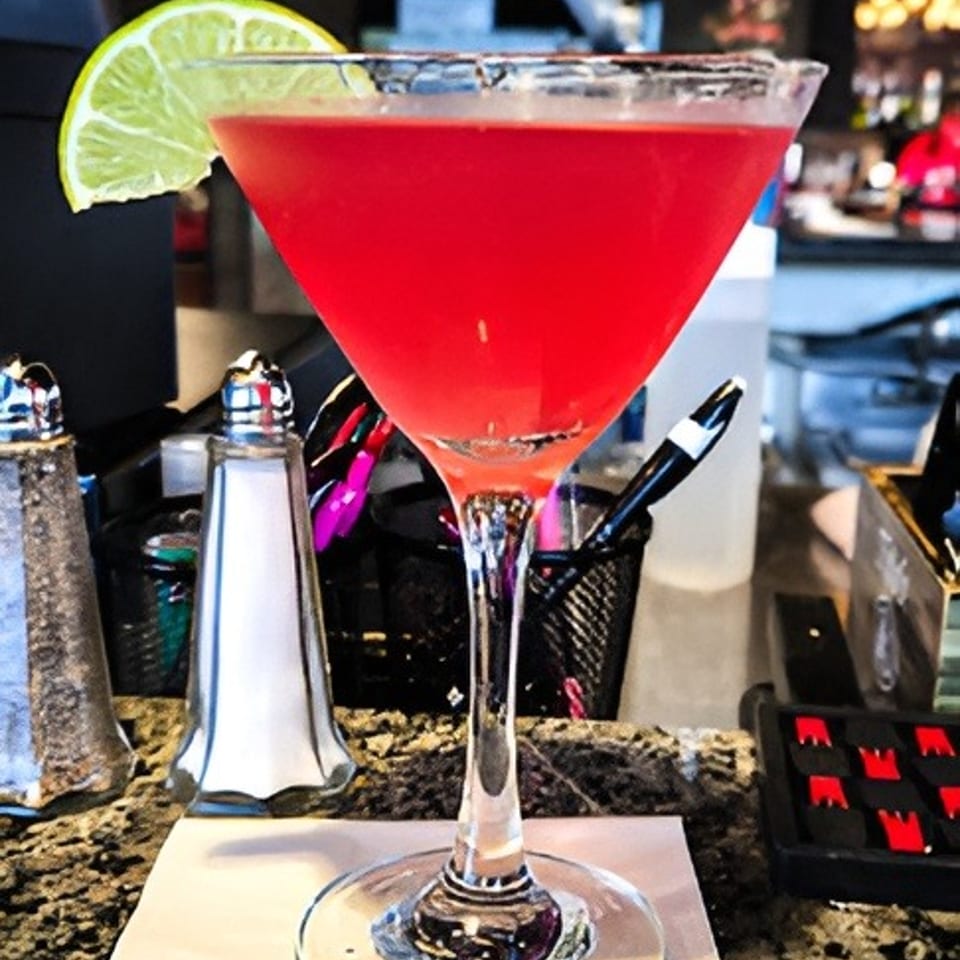 Bright red cocktail in a martini glass garnished with a lime wedge on a restaurant bar.