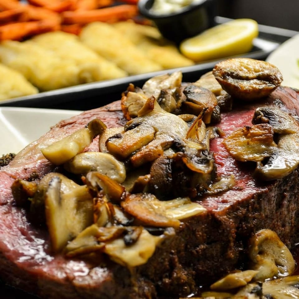 Sliced medium-rare steak topped with sautéed mushrooms on a plate, with roasted vegetables and side dishes in the background.