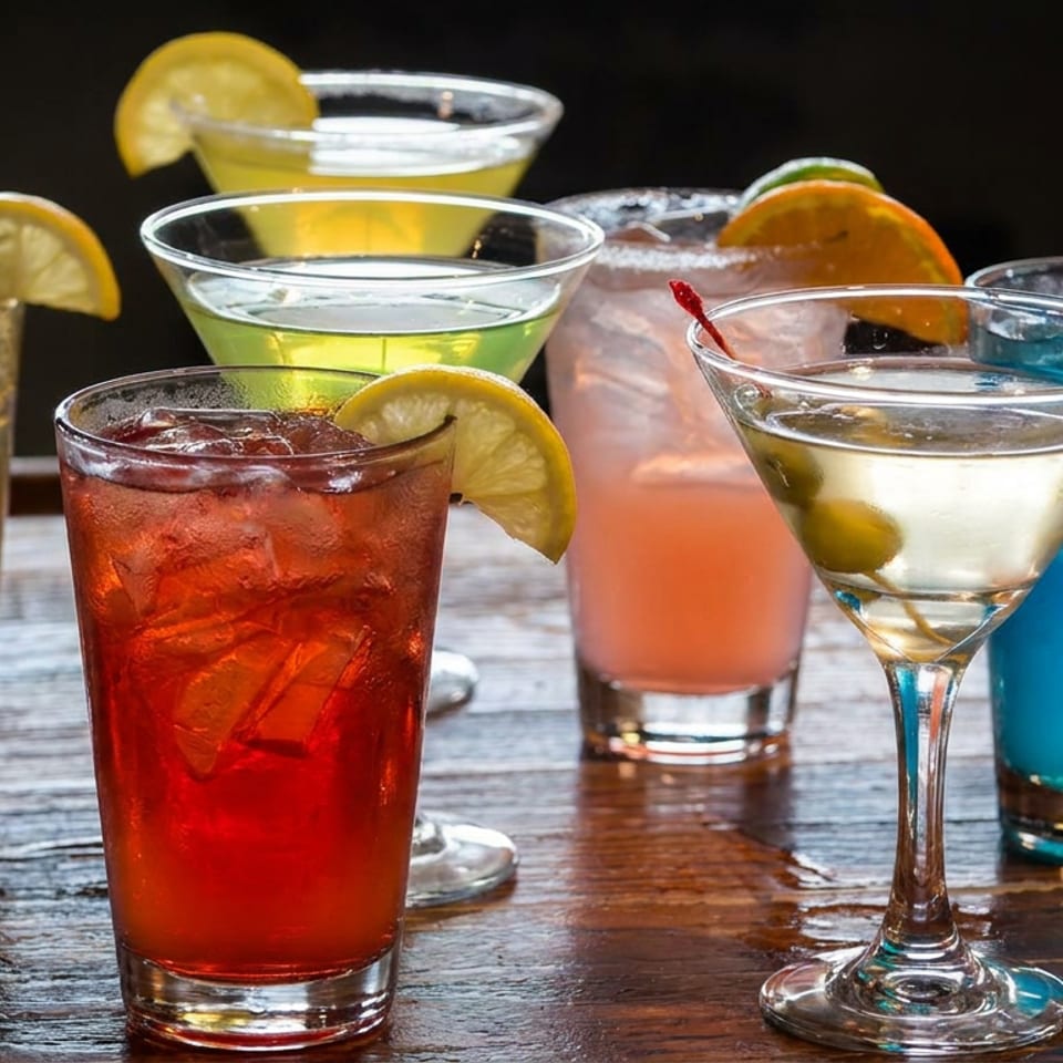 Colorful cocktails and mixed drinks garnished with lemon, lime, orange, and cherries arranged on a wooden table.