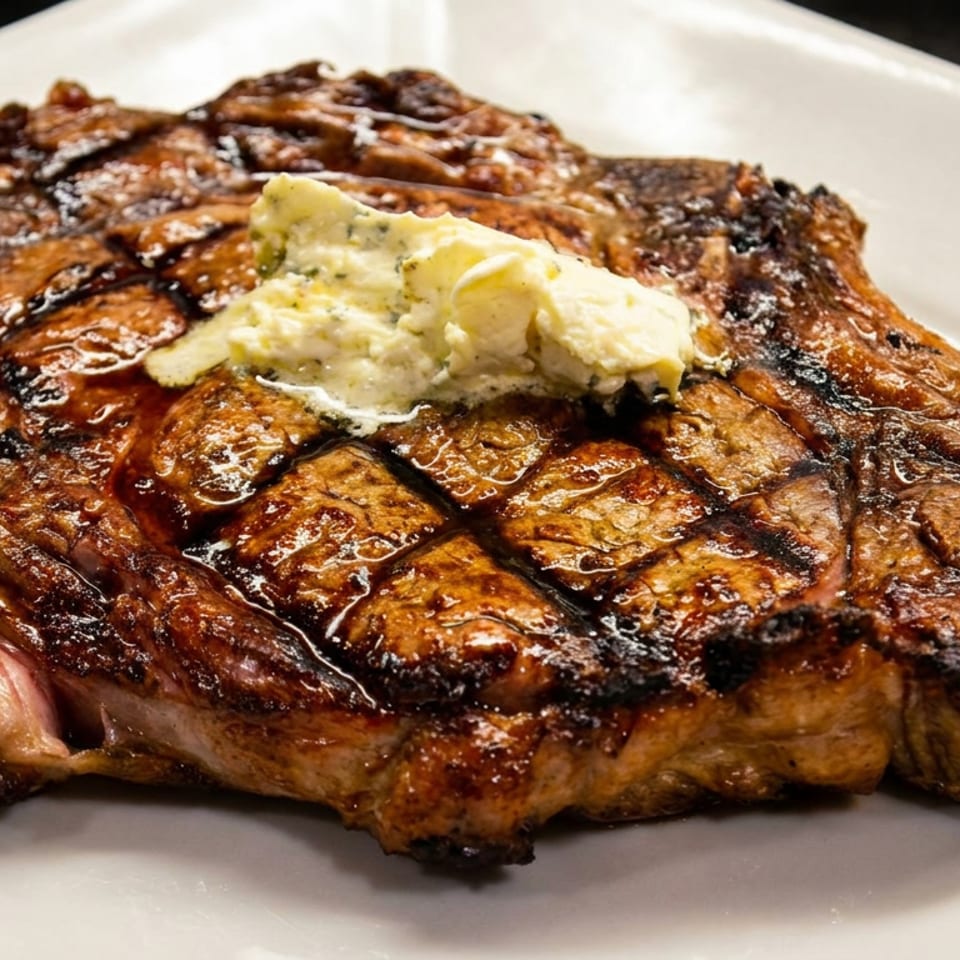 Grilled ribeye steak with crosshatch sear marks, topped with herb butter on a white plate.