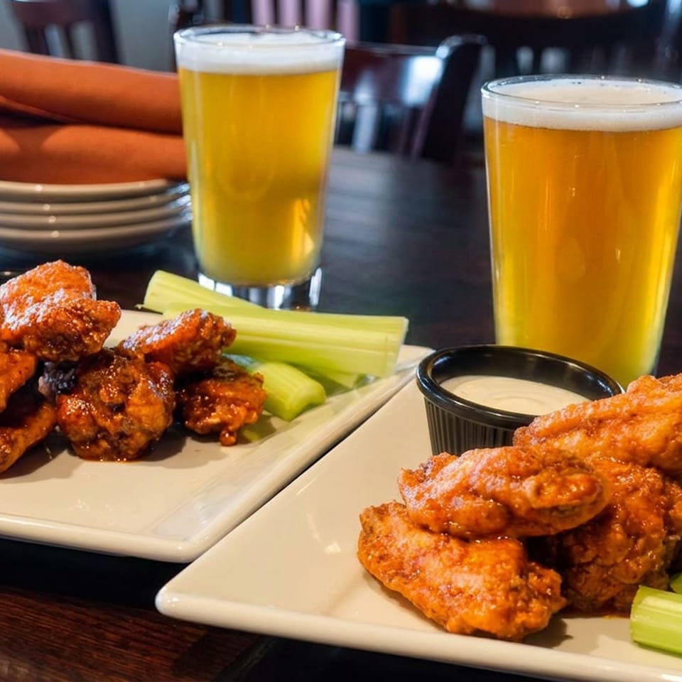 Two plates of saucy chicken wings with celery and dipping sauce, accompanied by two glasses of beer in a restaurant.