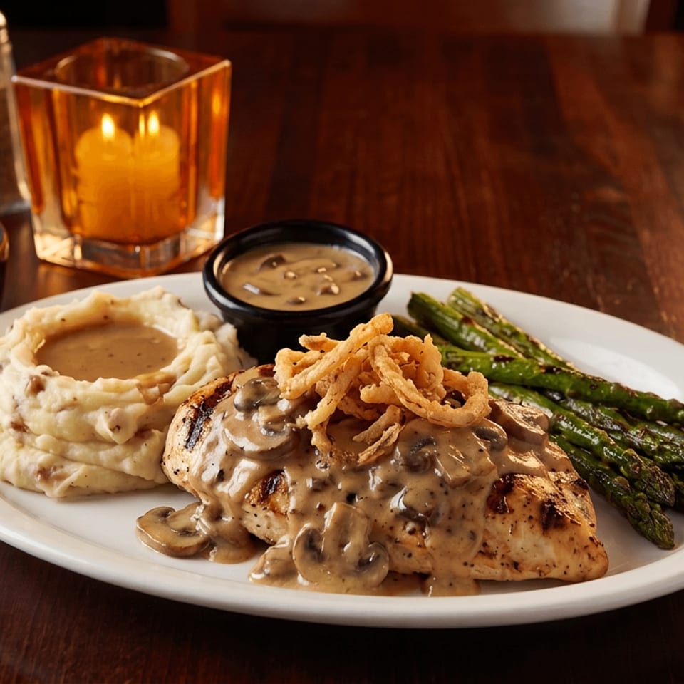 Grilled chicken topped with mushroom sauce and crispy onions, served with mashed potatoes, asparagus, and iced tea.