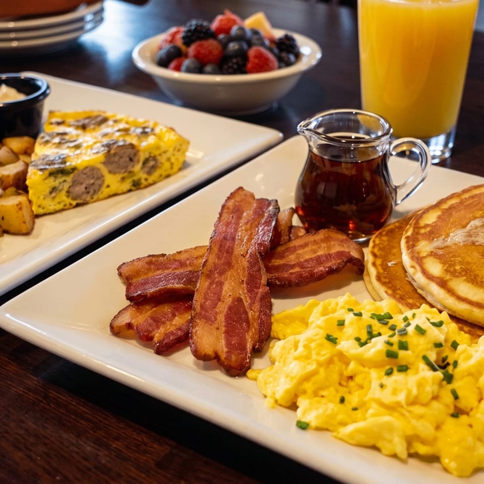 Hearty restaurant breakfast with pancakes, scrambled eggs, bacon, fruit, breakfast potatoes, frittata, syrup, and orange juice.