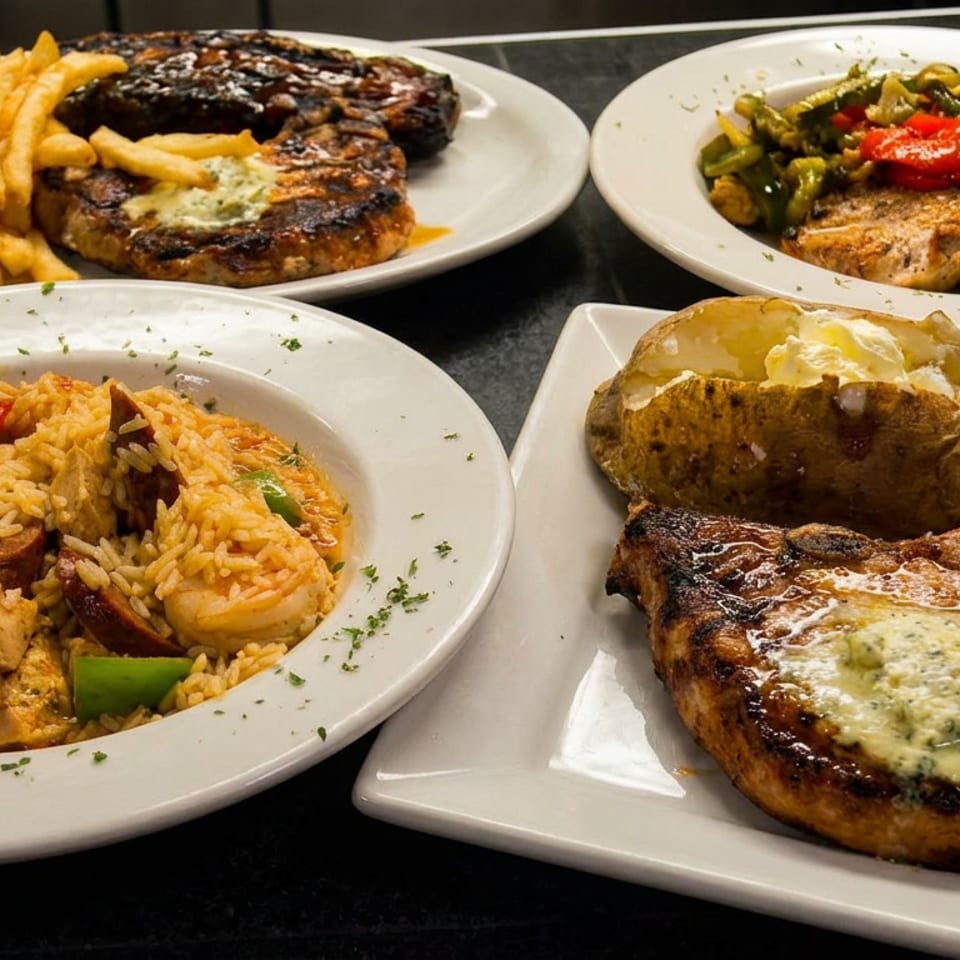 Four plated restaurant dishes featuring grilled steaks with herb butter, fries, stuffed baked potato, seasoned rice, chicken, and vegetables.